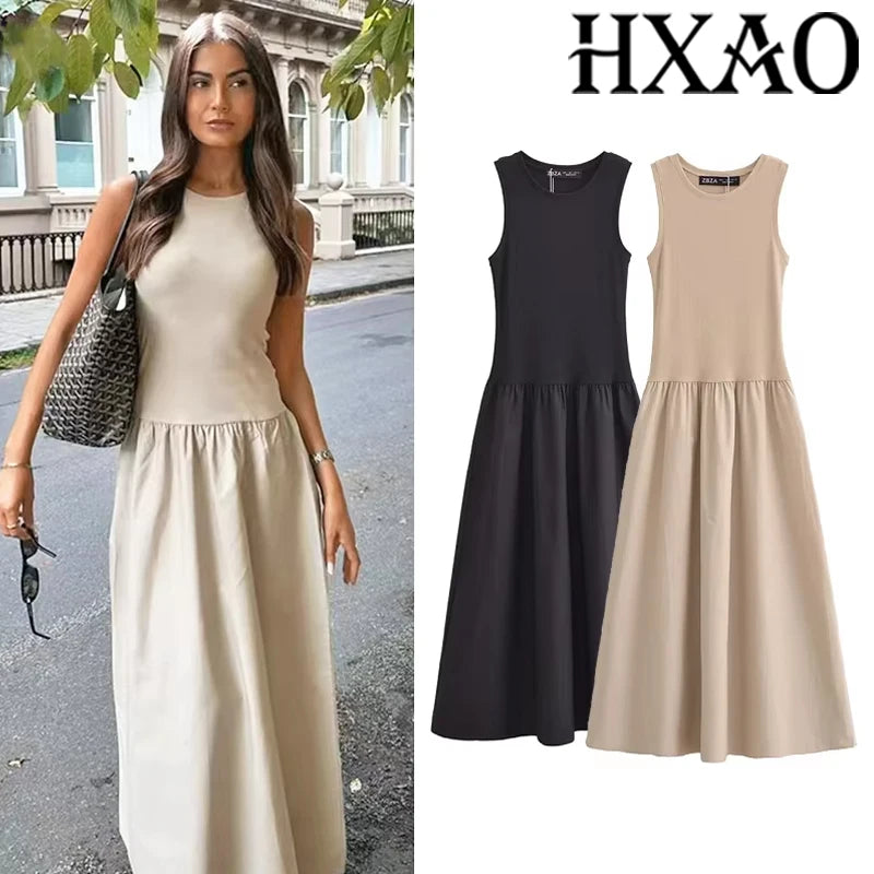 HXAO Khaki Elegant Long Dresses 2025 Women's Spring Sleeveless Black Dresses Fashion Casual Party Y2k Dress Vestidos For Female